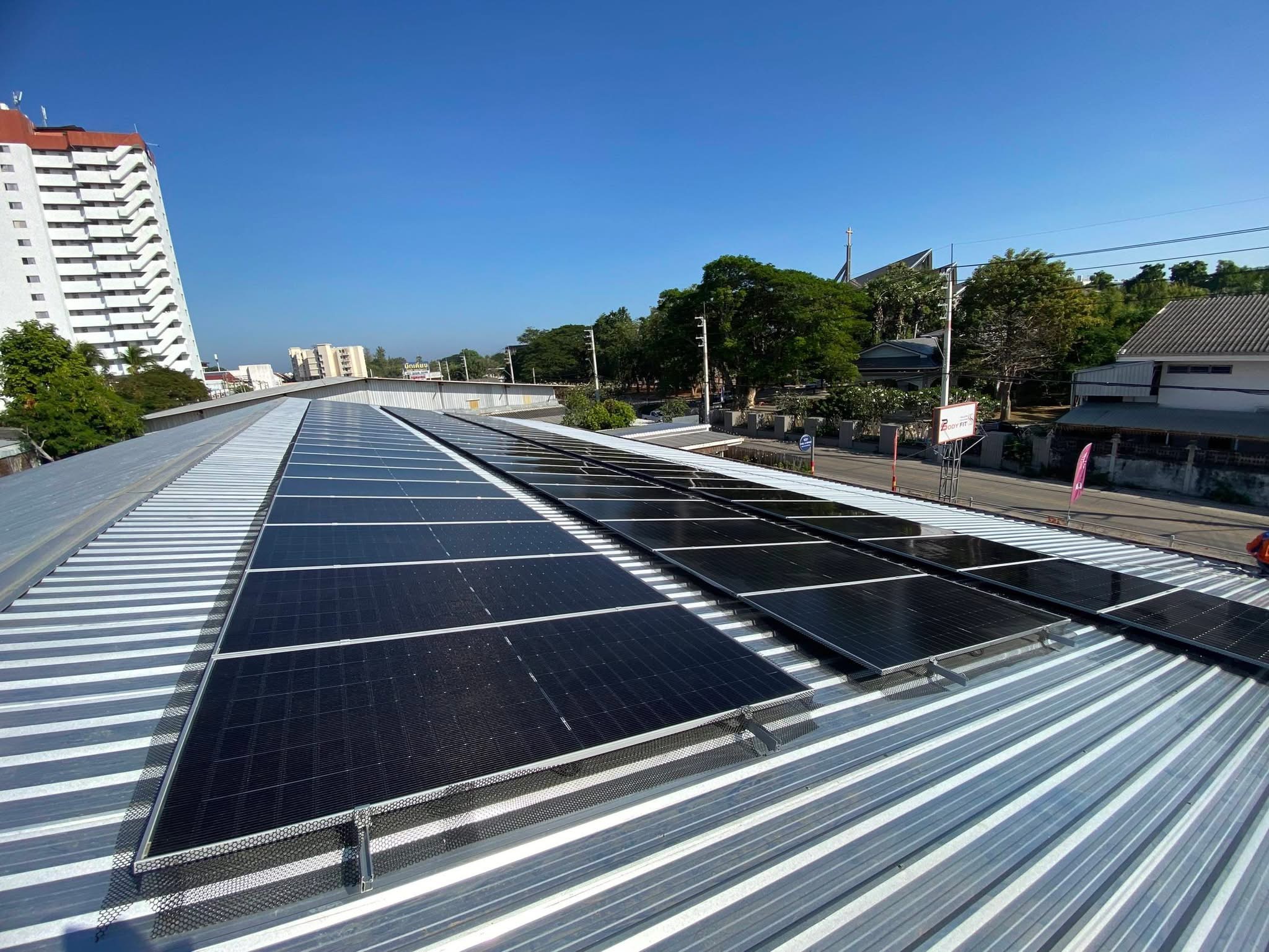 Solar panels installed on a commercial rooftop